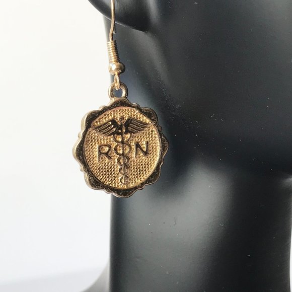 Gold Caduceus RN Nursing Earrings Nurse Graduation - Picture 2 of 7